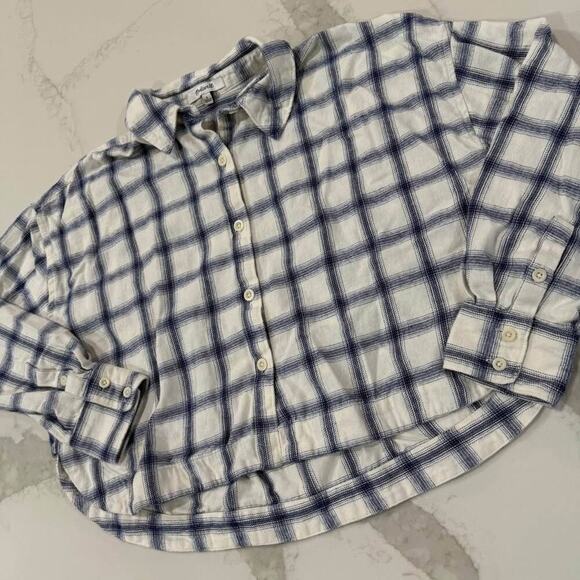 Madewell Flannel Crop Boxy Long Sleeve Shirt Windowpane Women's Small Collared - Picture 2 of 5